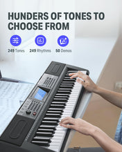 Load image into Gallery viewer, Donner 61 Key Keyboard Piano, Electric Piano Keyboard Kit with 249 Voices, 249 Rhythms - Includes Piano Stand, Stool, Microphone, Gift for Beginners, Black (DEK-610S)
