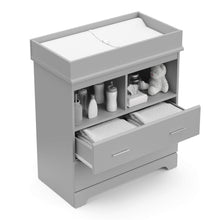 Load image into Gallery viewer, Storkcraft Brookside 2 Drawer Changing Table Dresser (Pebble Gray) – GREENGUARD Gold Certified, Easy-to-Match Chest of Drawers and Cubbies for Nursery and Kids Bedroom, Includes Changing Table Topper
