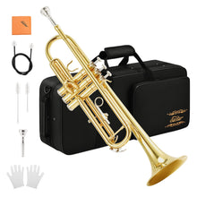 Load image into Gallery viewer, Eastar Bb Standard Trumpet Set for Beginner, Brass Student Trumpet Instrument with Hard Case, Cleaning Kit, 7C Mouthpiece and Gloves, ETR-380, Golden
