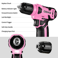 Load image into Gallery viewer, DEKOPRO Drill Set: Tool Set with 8V Pink Cordless Drill, Home Tool Kit with Drill, Hand Tool Kits for Women 126 Piece
