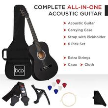 Load image into Gallery viewer, Best Choice Products 38in Beginner All Wood Acoustic Guitar Starter Kit w/Gig Bag, 6 Celluloid Picks, Nylon Strings, Capo, Cloth, Strap w/Pick Holder - Matte Black
