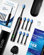 Load image into Gallery viewer, MySmile Electric Toothbrush for Adults, Rechargeable Sonic Electronic Toothbrush with 6 Brush Heads and Travel Case, 2 Mins 5 Modes Smart Timer, 48000VPM (Black)
