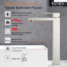Load image into Gallery viewer, KENES Brushed Nickel Vessel Sink Facuet Single Handle Tall Bathroom Sink Faucet Vanity Bathroom Faucet Basin Mixer Tap with Water Supply Hose and Pop Up Sink Drain, LJ-9031A
