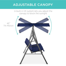 Load image into Gallery viewer, Best Choice Products 2-Person Outdoor Patio Swing Chair, Hanging Glider Porch Bench for Garden, Poolside, Backyard w/Convertible Canopy, Adjustable Shade, Removable Cushions - Blue
