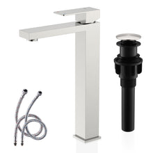 Load image into Gallery viewer, KENES Brushed Nickel Vessel Sink Facuet Single Handle Tall Bathroom Sink Faucet Vanity Bathroom Faucet Basin Mixer Tap with Water Supply Hose and Pop Up Sink Drain, LJ-9031A
