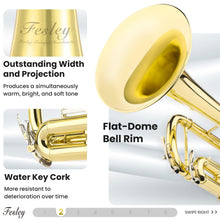 Load image into Gallery viewer, Fesley Bb Standard Trumpet Set: Brass Trumpets for Beginner Student, Brass Trumpet Instrument with 7C Mouthpiece, Hard Case, Cleaning Kit (Golden)

