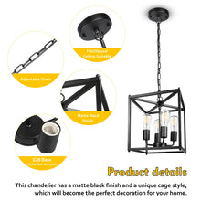 Load image into Gallery viewer, Unicozin 4-Light Black Farmhouse Chandelier, Iron Lantern Pendant Light Rustic Cage Adjustable Height, E26 Base Industrial Hanging Lights for Kitchen Island Dining Room Hallway Foyer Entryway
