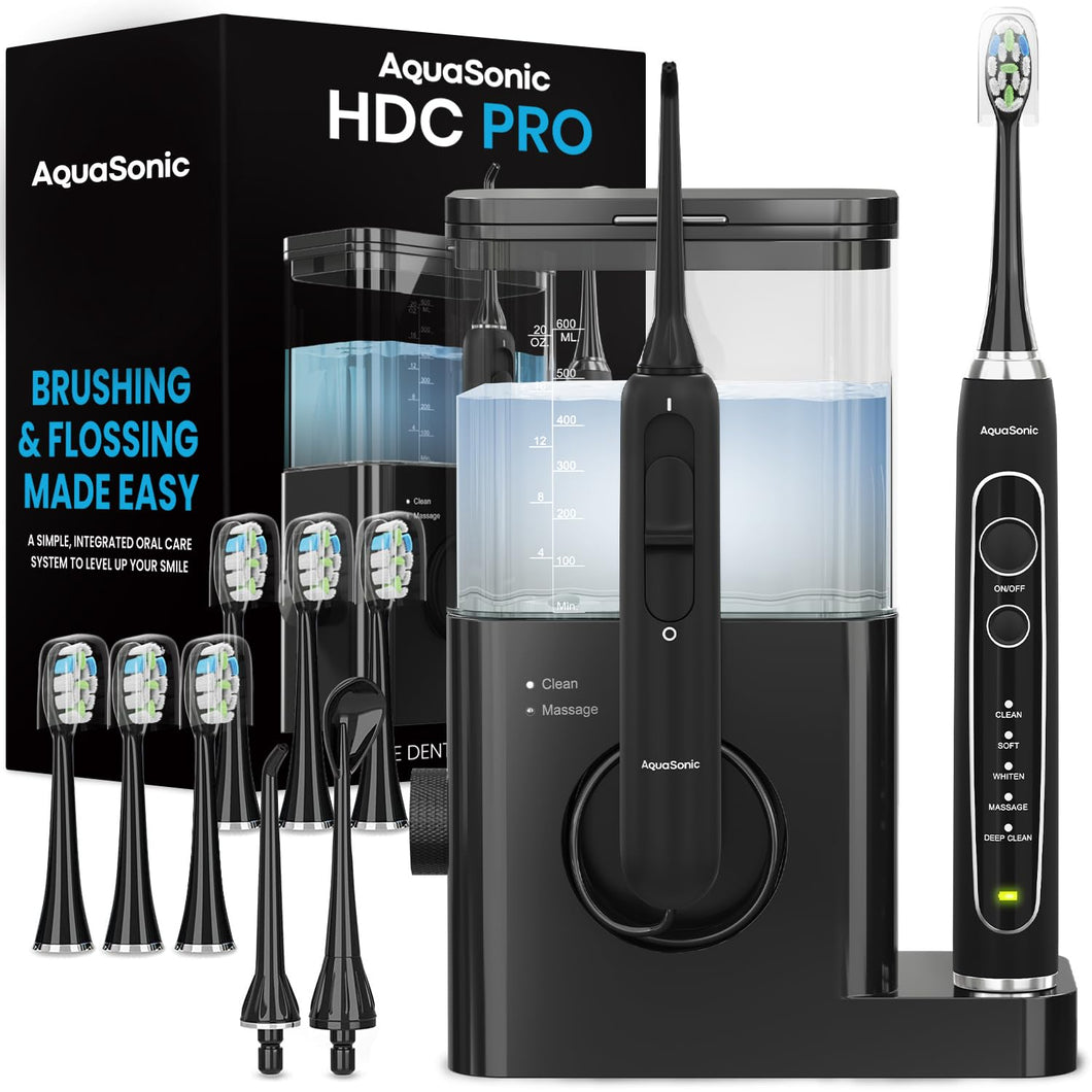 Aquasonic Home Dental Center PRO – Brushing & Flossing Made Easy – Brush & Floss – Power Toothbrush & Water Flosser – Whiter Teeth & Healthier Gums – Black Series Pro+Oral Irrigator