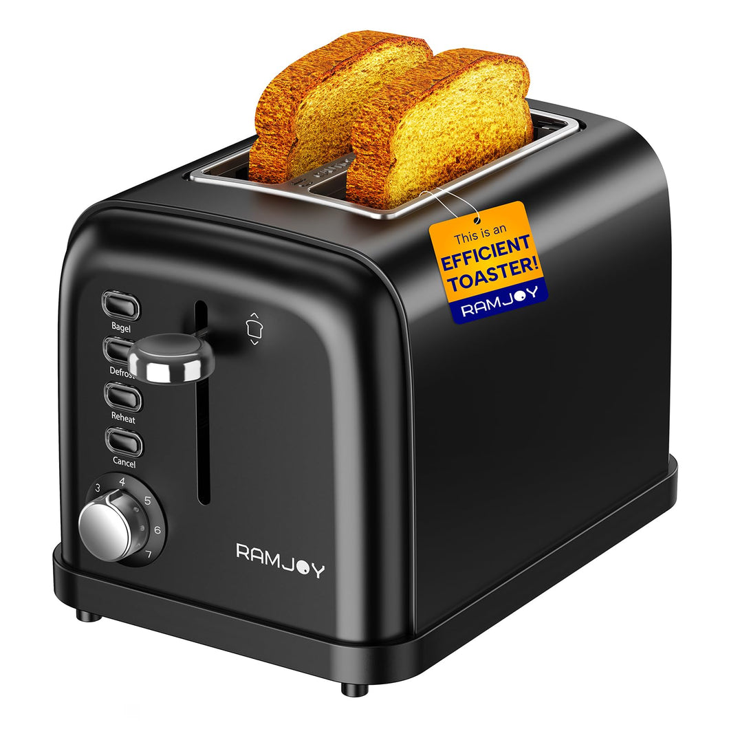 RAMJOY Black Toaster 2 Slice, Extra Wide Slot Toaster for Bagels, Bread, Waffles, 7 Shade Settings, 4 Main Functions, Removable Crumb Tray, 900 Watts Toasters, Black Stainless Steel