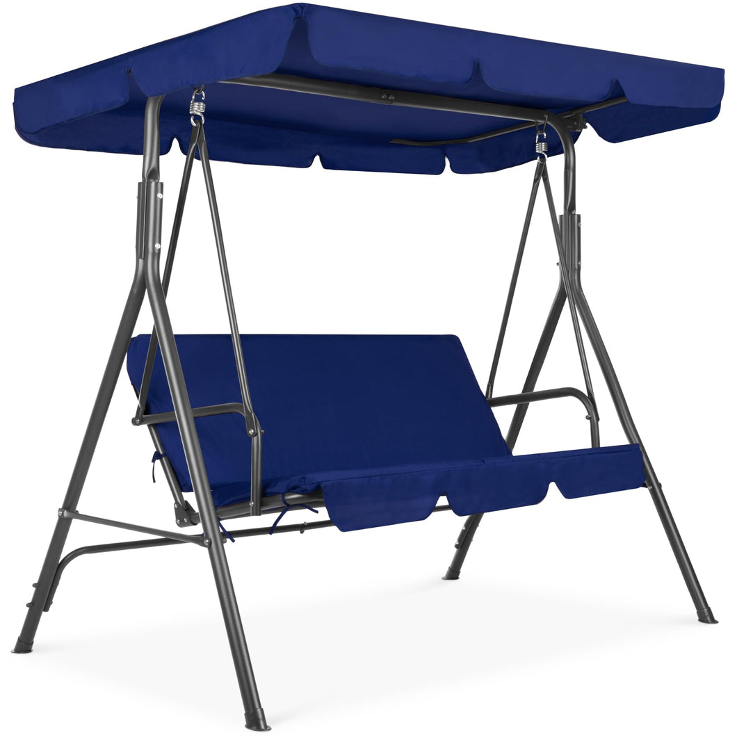 Best Choice Products 2-Person Outdoor Patio Swing Chair, Hanging Glider Porch Bench for Garden, Poolside, Backyard w/Convertible Canopy, Adjustable Shade, Removable Cushions - Blue