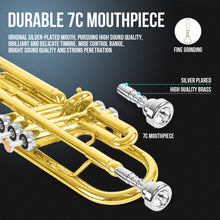 Load image into Gallery viewer, Soulmate Bb Standard Trumpet Set for Beginner Brass Student Trumpet Instrument with Carrying Hard Case, Cleaning Kit, 7C Mouthpiece and Gloves (Gold)
