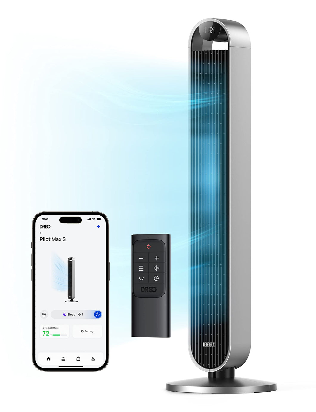 Dreo Tower Fan for Bedroom, 42 Inch 120° Oscillating Fan, 25dB Quiet DC Motor, 27ft/s Velocity Bladeless Standing Fan with 12 Speeds, 4 Modes, 12H Timer Cooling Fans for Home, Living Room, Pilot Max S