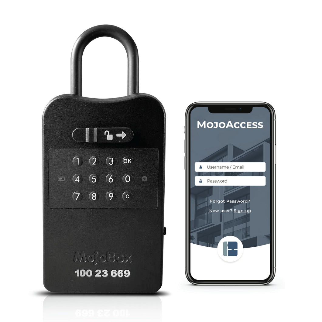 MojoBox, Digital Lockbox, Bluetooth Key Lockbox, iOS/Android App Remotely Generates Offline Access Codes for 1 Time Use, Temporary Use, Permanent Use, and Exact Dates/Times Without Internet