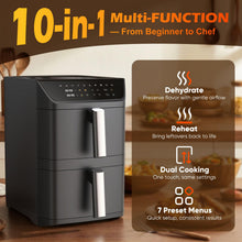 Load image into Gallery viewer, Dual Basket Air Fryer, 12.6QT Family-Size for 10–12 People, XL Basket for 6LB Whole Chicken, DoubleStack Compact Design, 10-in-1 Functions with Reheat, Dehydrate &amp; SyncFinish, Dishwasher-Safe, Black

