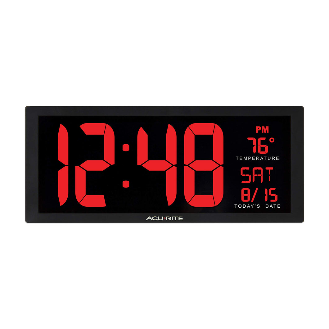 AcuRite Large Digital LED Oversized Wall Clock with Date and Temperature, Perfect for Home or Office (75127M), 14.5-Inch, Red