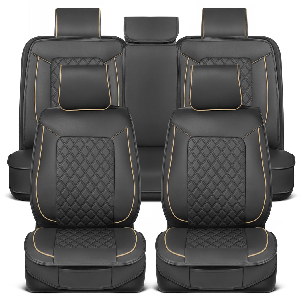 MotorBox Prestige Faux Leather Seat Covers, Semi-Custom Fit Car Seat Covers Full Set, Automotive Interior Cover for Car Truck Van SUV, PU Leather Car Seat Covers for Superior Feel & Durability - Beige