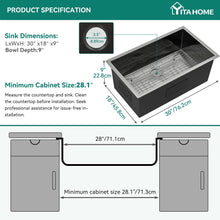 Load image into Gallery viewer, YITAHOME Black Kitchen Sink 30in Undermount Sink Single Bowl 16 Gauge Stainless Steel Nano Gunmetal Black Sink with Accessories for Workstation, Prep Kitchen, Bar Sink 30 x 18 x 10in
