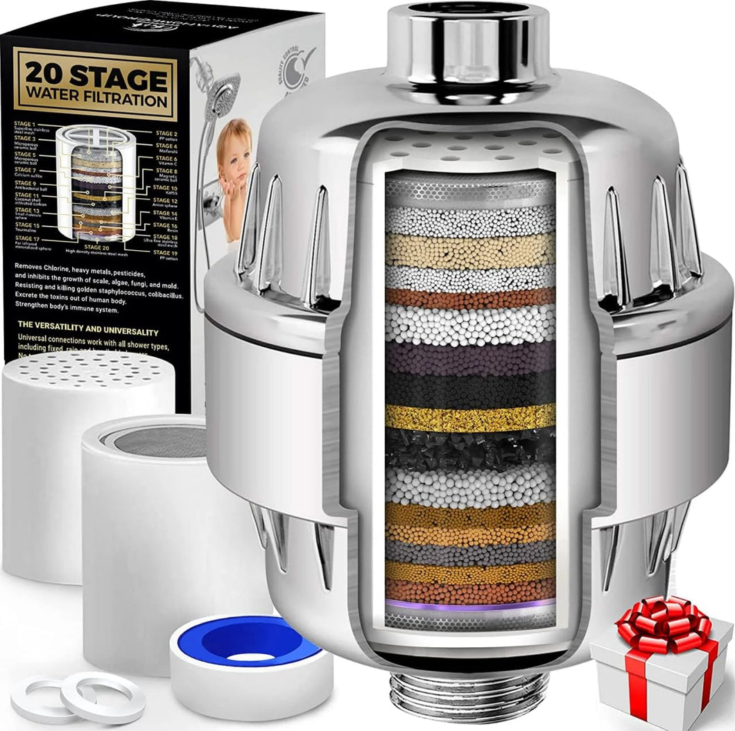 AquaHomeGroup 20 Stage Shower Head Filter with Vitamin C E A for Hard Water - High Output Filter to Remove Chlorine and Fluoride - 2 Replacement Cartridges - Consistent Flow Showerhead Filter
