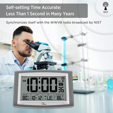 Load image into Gallery viewer, WallarGe Atomic Clock with Outdoor and Indoor Temperature - 12.5 Inch Self-Setting Digital Clock Large Display, Battery Operated Wall Clocks or Desk Clocks for Bedroom, Livingroom, Office
