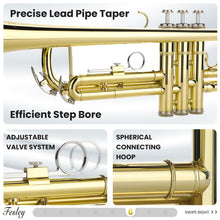Load image into Gallery viewer, Fesley Bb Standard Trumpet Set: Brass Trumpets for Beginner Student, Brass Trumpet Instrument with 7C Mouthpiece, Hard Case, Cleaning Kit (Golden)
