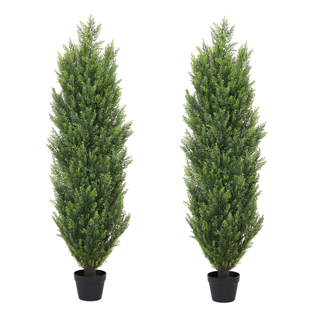THE BLOOM TIMES 4ft Cedar Topiary Trees – Artificial Outdoor Fake Potted Plants, UV Resistant Faux Evergreen Pine & Cypress Bushes Shrubs for Front Porch Planter Decor, 4 Foot Set of 2