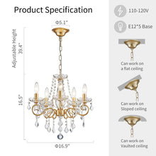 Load image into Gallery viewer, ANJIADENGSHI Mini Crystal Chandelier K9 Crystal Lighting Chandelier for Living Room 5 E12 Bulbs High 16.5 in x Diameter 16.9 in, Golden
