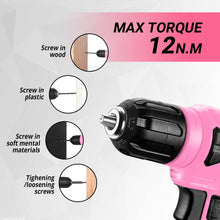 Load image into Gallery viewer, DEKOPRO Drill Set: Tool Set with 8V Pink Cordless Drill, Home Tool Kit with Drill, Hand Tool Kits for Women 126 Piece
