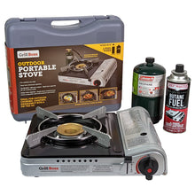 Load image into Gallery viewer, Grill Boss Dual Fuel Portable Stove, 12K BTU Camp Stove, Butane &amp; Propane Portable Camping Stove, Portable Stove Dual Fuel Butane and Propane Stove for Emergency, Cooking, Hiking, Backpacking -90057
