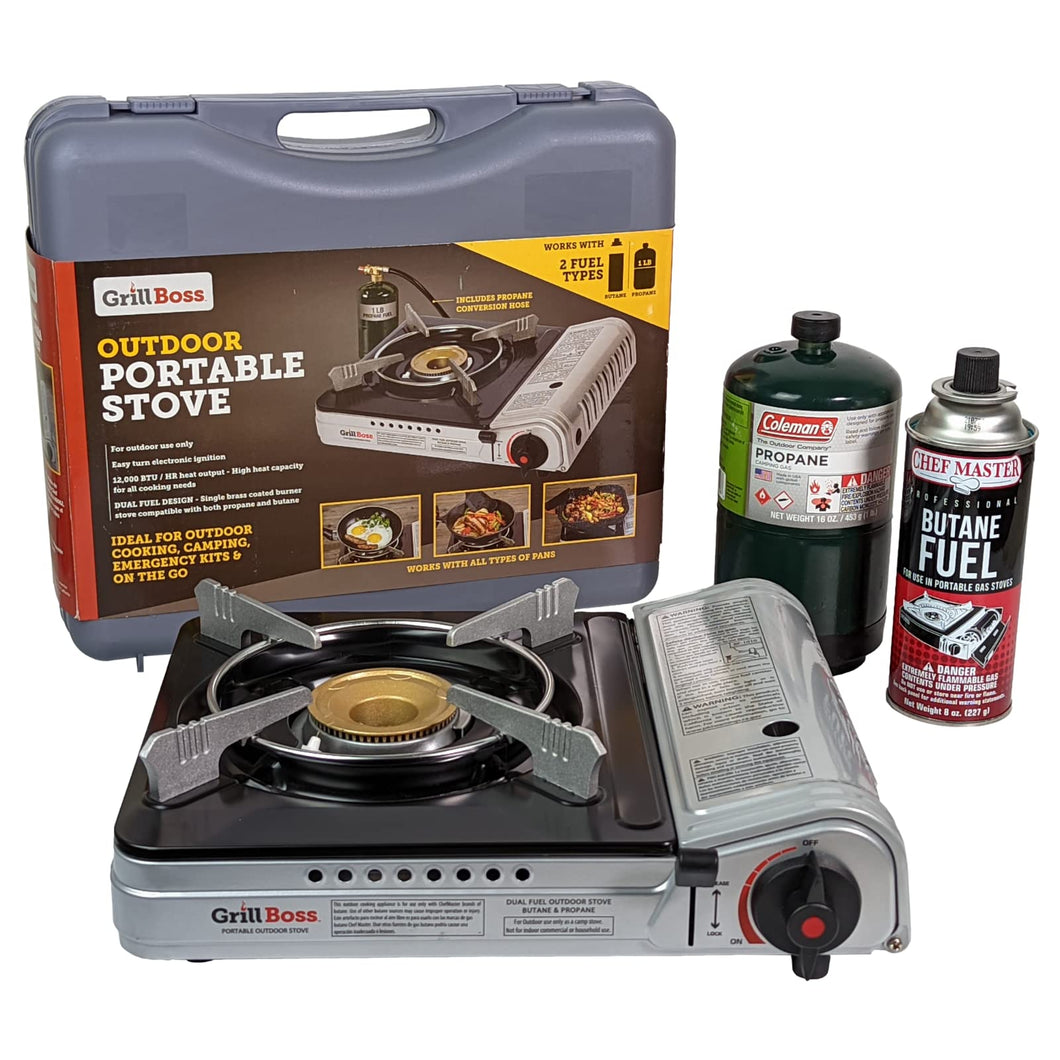 Grill Boss Dual Fuel Portable Stove, 12K BTU Camp Stove, Butane & Propane Portable Camping Stove, Portable Stove Dual Fuel Butane and Propane Stove for Emergency, Cooking, Hiking, Backpacking -90057