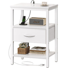 Load image into Gallery viewer, SUPERJARE Nightstand with Charging Station, Bed Side Table with Adjustable Fabric Drawer, Night Stand for Bedroom, 3-Tier Storage End Table, for Living Room, White

