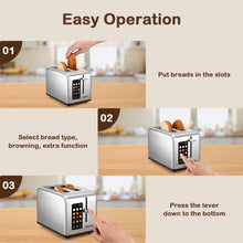 Load image into Gallery viewer, Mecity 2 Slice Toaster Touch Screen 1.5&quot; Wide Slot, Stainless Steel Smart Bread Toaster for Bagel Muffin Waffle Gluten Free Breads, Timer, Defrost, Reheat, 120V 825W
