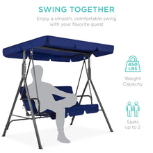 Load image into Gallery viewer, Best Choice Products 2-Person Outdoor Patio Swing Chair, Hanging Glider Porch Bench for Garden, Poolside, Backyard w/Convertible Canopy, Adjustable Shade, Removable Cushions - Blue
