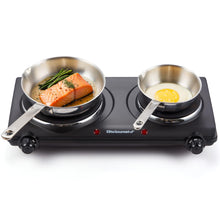 Load image into Gallery viewer, Elite Gourmet EDB-302BF# Countertop Double Cast Iron Burner, 1500 Watts Electric Hot Plate, Temperature Controls, Power Indicator Lights, Easy to Clean, Black
