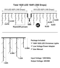 Load image into Gallery viewer, 1620 LED Christma Lights with 360 Drops, 164ft Outdoor Hanging lights with 8 Modes &amp; Timer Memory, Outsite Waterproof Curtain String Lights for Front House Fence Tree Holiday Decorations Multicolor
