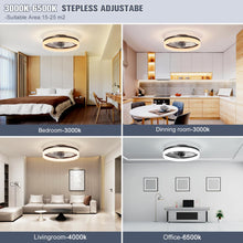 Load image into Gallery viewer, VOLISUN Low Profile Ceiling Fans with Lights and Remote, Fandelier Ceiling Fan Flush Mount, 3000K-6500K Smart Bladeless LED Fan Light, Black Modern Ceiling Fans with Lights for Bedroom
