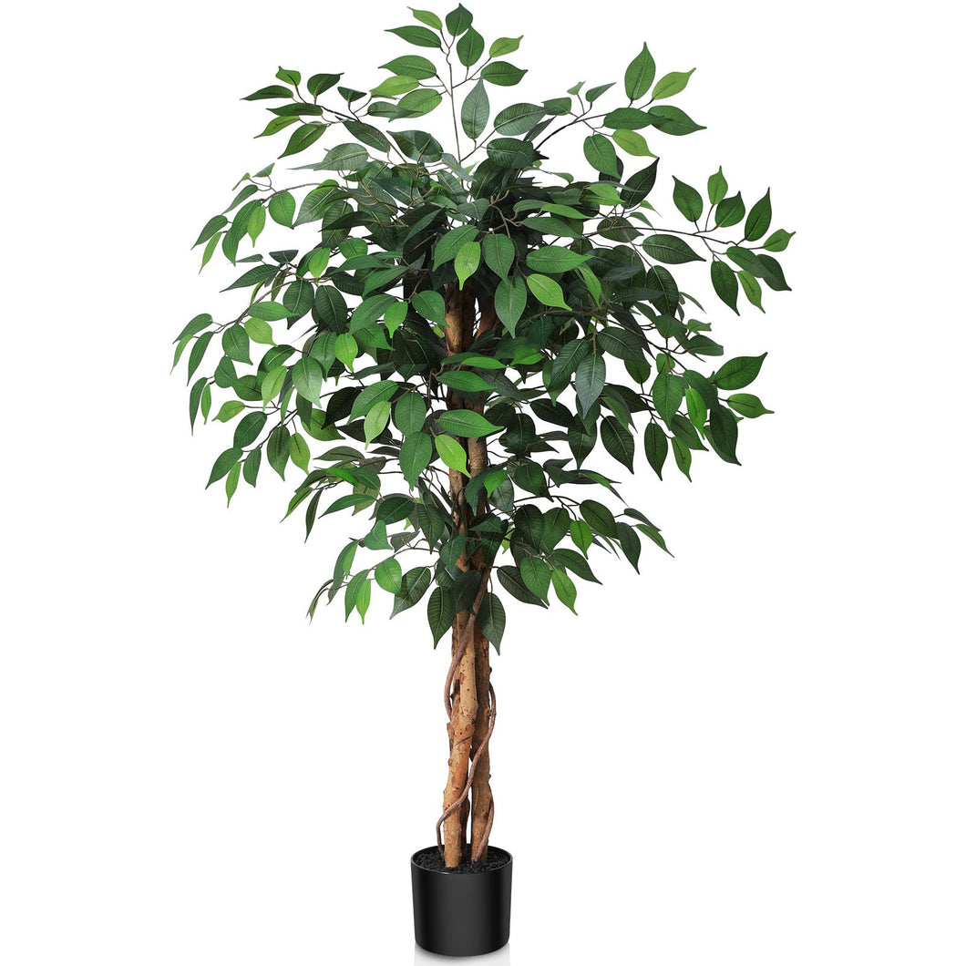 SOGUYI 4ft Artificial Ficus Tree with Natural Wood Trunk, Silk Fake Ficus Tree in Plastic Nursery Pot, Faux Plant for Office Home, Indoor Outdoor Decor, 1 Pack