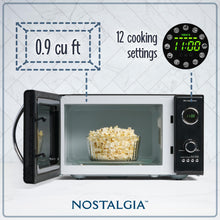 Load image into Gallery viewer, Nostalgia Retro Countertop Microwave Oven - Large 800-Watt - 0.9 cu ft - 12 Pre-Programmed Cooking Settings - Digital Clock - Kitchen Appliances - Black
