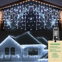 Load image into Gallery viewer, KNONEW 99FT 1216 LED Christmas Lights Outdoor Decorations 8 Modes White Curtain String Light with 228 Drops, Clear Wire LED String Light Indoor Decor for Wedding Party Holiday Christmas
