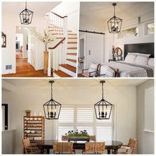 Load image into Gallery viewer, 4 Light Chandelier, Industrial Ceiling Light Black Lantern Light Fixtures with Farmhouse Metal Cage Adjustable Height Rustic Geometric Hanging Light E12 Base for Kitchen Island, Entryway, Indoor
