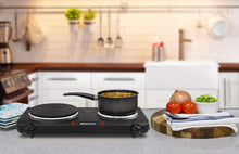 Load image into Gallery viewer, Elite Gourmet EDB-302BF Countertop Double Cast Iron Burner, 1500 Watts Electric Hot Plate, Temperature Controls, Power Indicator Lights, Easy to Clean, Black
