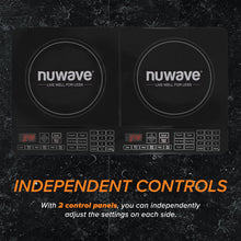Load image into Gallery viewer, Nuwave Double Cooktop Induction Countertop Burner, Portable, 900 &amp; 1800W, 100°F to 575°F, Large 8” Heating Coil, 50 Pre-Programmed Settings, Shatter-Proof Ceramic Glass, Built-In Safety Auto Shut Off
