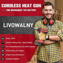 Load image into Gallery viewer, Cordless Heat Gun for Milwaukee 18V Battery, LIVOWALNY 18V 350W 122℉~1202℉ (50℃-550℃) Variable Temperature Control Hot Air Gun with LCD Digital Display for Shrink Tubing, Crafts (No Battery)
