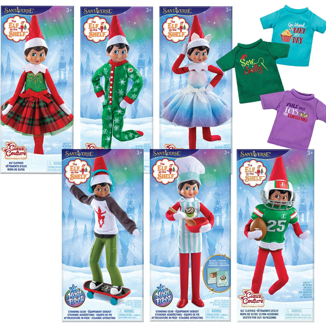 The Elf on The Shelf Claus Couture 2024 Complete 6 Set: PJs, 2 Dresses, Chef, Skateboarder, Football
