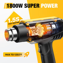 Load image into Gallery viewer, SEEKONE 1800W Heat Gun Compact Design Heavy Duty Hot Air Gun 122℉~1202℉（50℃- 650℃）Variable Temperature Control for 2 Speed Settings with 4 Nozzels for Crafts, Vinyl Wrap, Shrink Tubing
