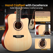 Load image into Gallery viewer, Pyle Beginner Cutaway Acoustic Guitar Kit, 4/4 Full Size All Wood Dreadnought Stringed Instrument with Gig Bag, Steel Strings, Picks, Strap, Capo, For Students and Adults, Natural
