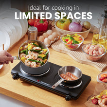 Load image into Gallery viewer, Elite Gourmet EDB-302BF# Countertop Double Cast Iron Burner, 1500 Watts Electric Hot Plate, Temperature Controls, Power Indicator Lights, Easy to Clean, Black
