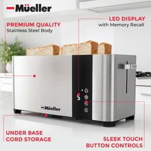 Load image into Gallery viewer, Mueller UltraToast Full Stainless Steel Toaster 4 Slice, Long Extra-Wide Slots with Removable Tray, Cancel/Defrost/Reheat Functions, 6 Browning Levels with LED Display, Kitchen Essentials &amp; Gadgets
