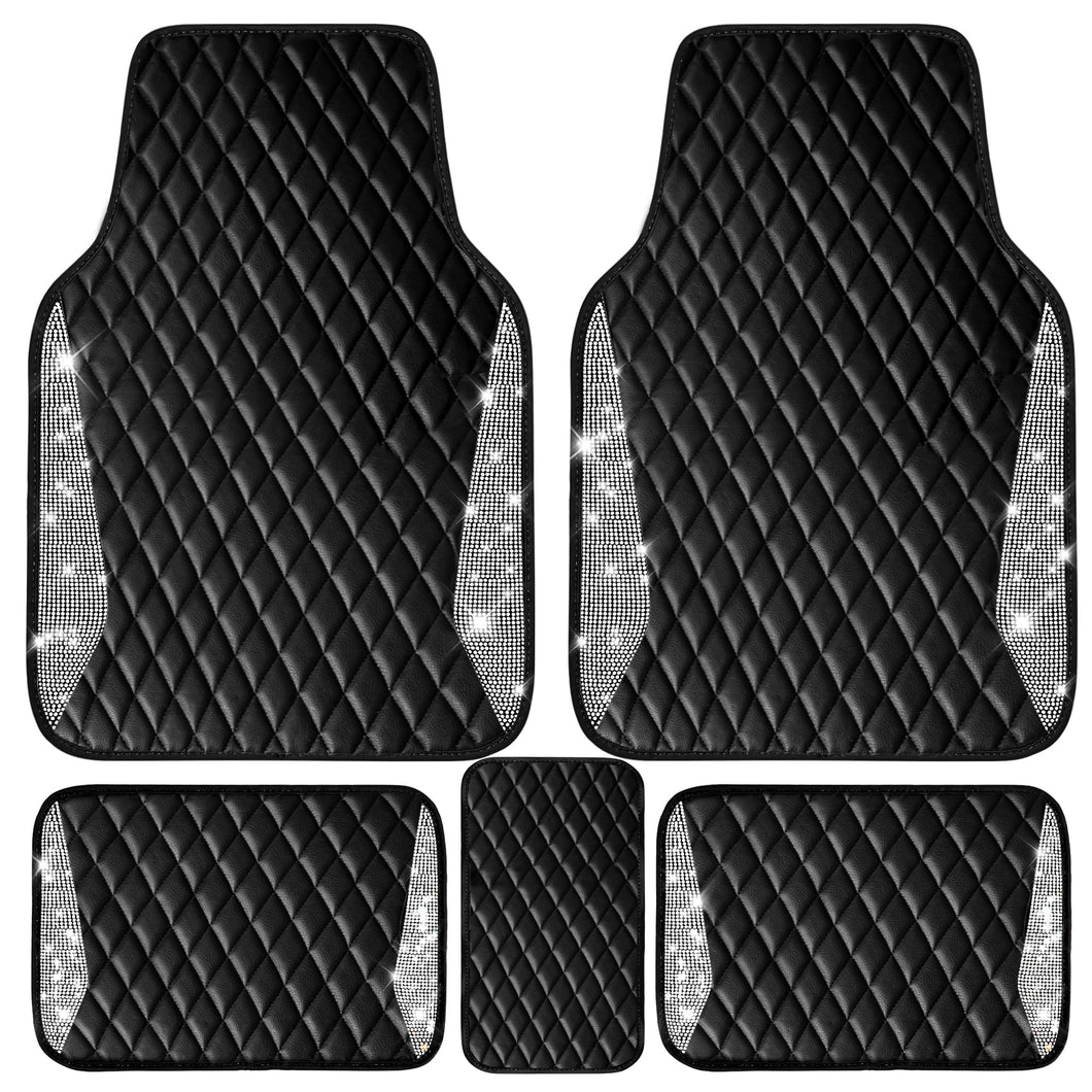 CAR PASS Bling Leather Car Mats Shining Diamond Floor Mats Crystal Rhinestone Sparkly Glitter Carpet Anti-Slip Waterproof Pad Universal Fit Automotive SUV, Sedan, Van, 5pcs Girl Women, Black Silver