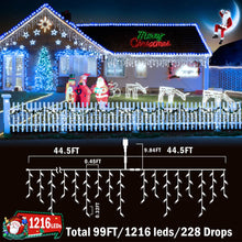 Load image into Gallery viewer, KNONEW 99FT 1216 LED Christmas Lights Outdoor Decorations 8 Modes White Curtain String Light with 228 Drops, Clear Wire LED String Light Indoor Decor for Wedding Party Holiday Christmas
