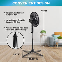 Load image into Gallery viewer, Comfort Zone Electric Oscillating Pedestal Fan, Stand Fan, 16 inch, 3 Speed, 90 Degree Oscillating Head, Adjustable Height and Tilt, Airflow 7.48 ft/sec, Ideal for Home, Bedroom &amp; Office, CZST161BTEBK
